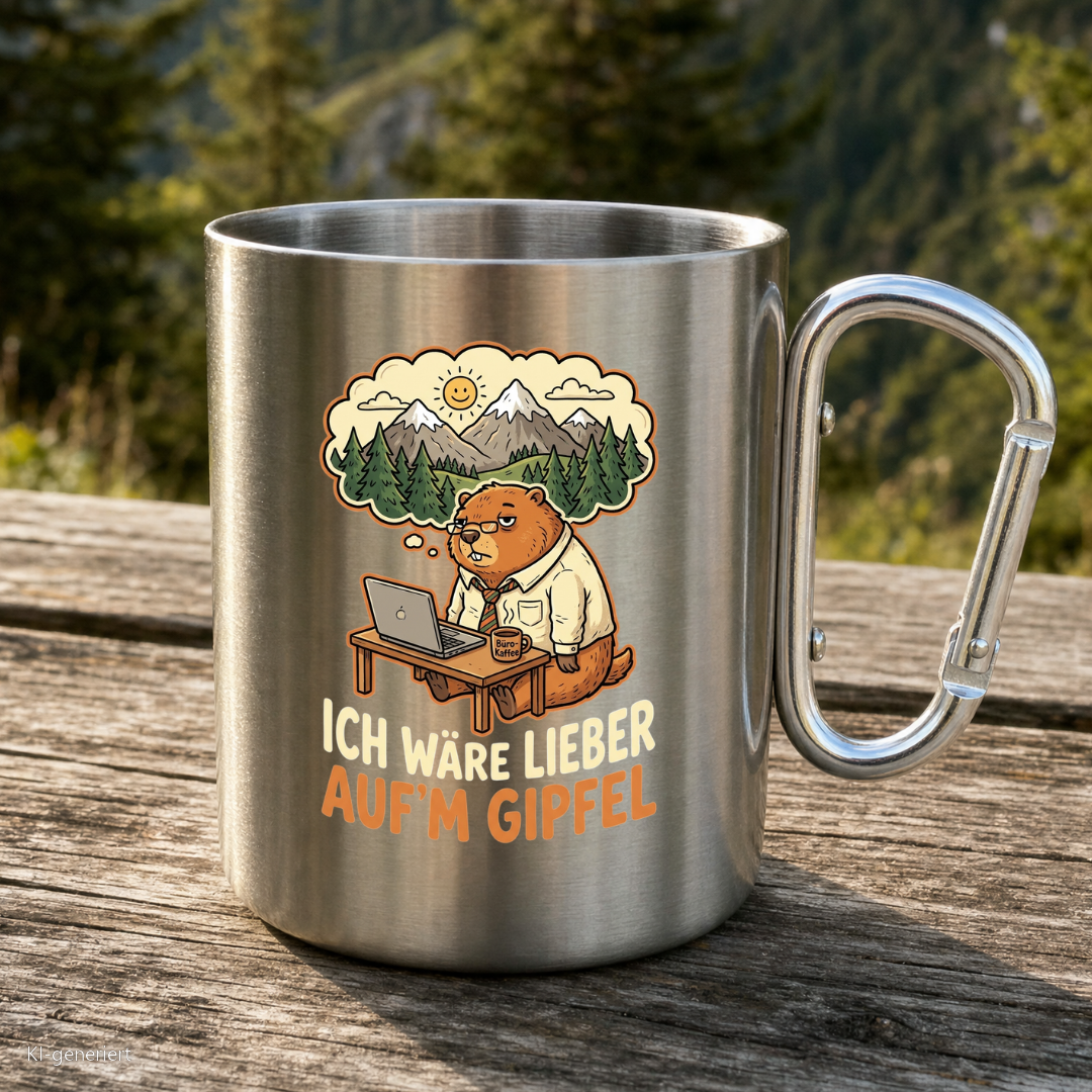 Karabinertasse von Kraxelgaudi mit Murmeltier und Spruch Ich wäre lieber aufm Gipfel steht auf Holz vor Bergkulisse