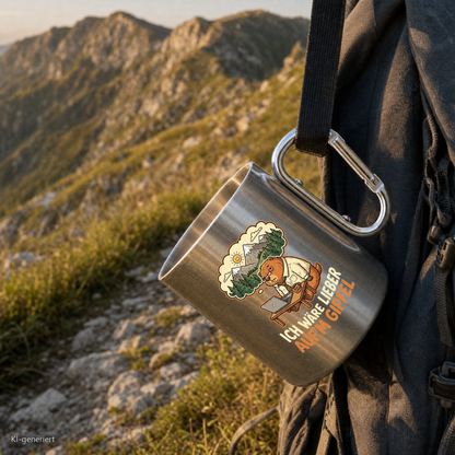 Edelstahlbecher Ich wäre lieber aufm Gipfel hängt mit Karabiner am Wanderrucksack