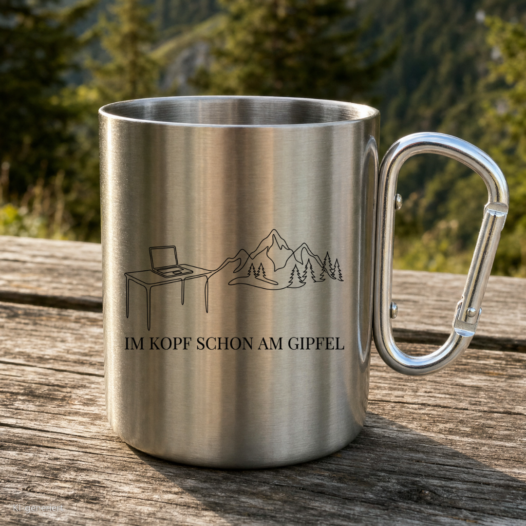 Karabinertasse von Kraxelgaudi mit Spruch Im Kopf schon am Gipfel steht auf Holz vor Bergkulisse