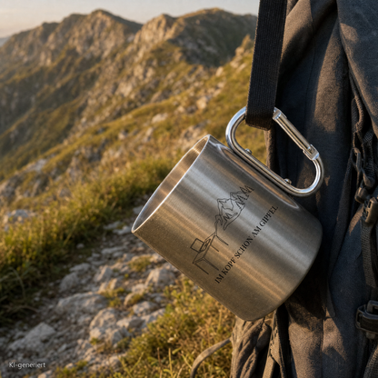 Edelstahlbecher Im Kopf schon am Gipfel hängt mit Karabiner am Wanderrucksack