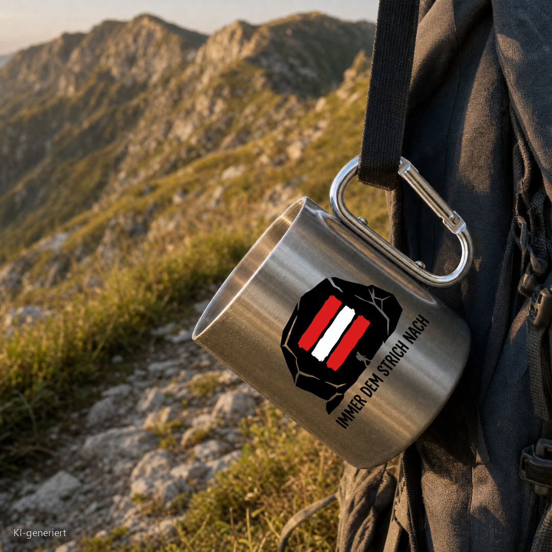 Edelstahlbecher Immer dem Strich nach hängt mit Karabiner am Wanderrucksack