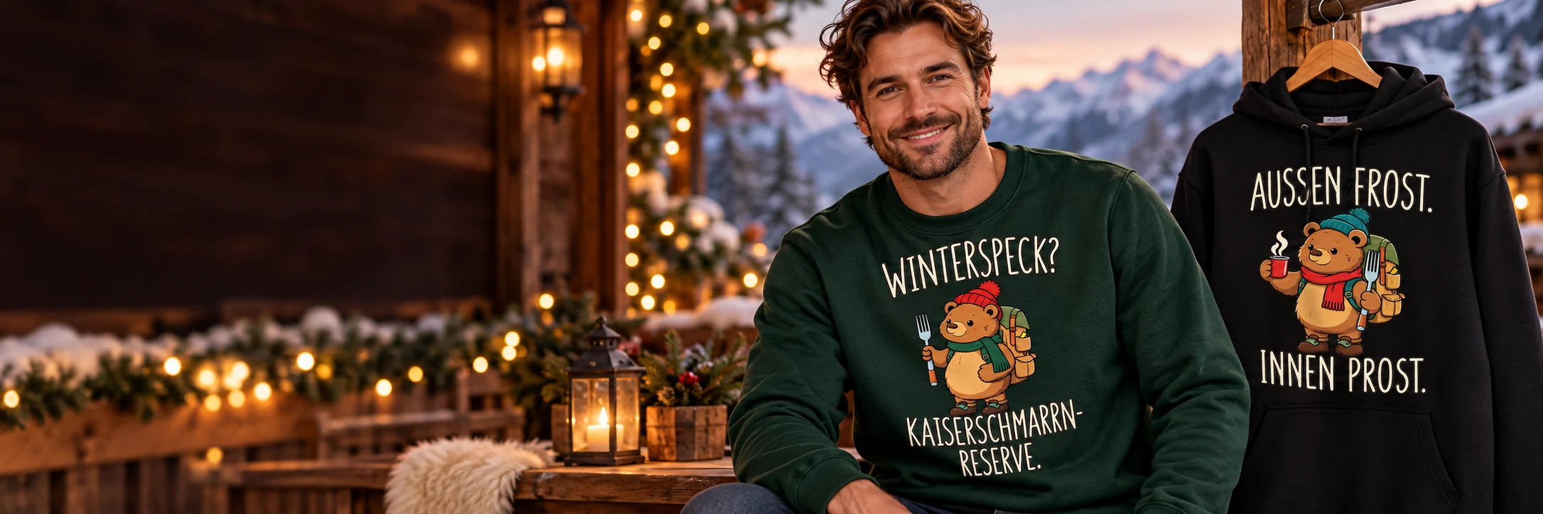 Kaiserbär Winteredition: grüner Kaiserschmarrn-Reserve Sweater und schwarzer Außen Frost Innen Prost Hoodie vor einer winterlichen Berghütte
