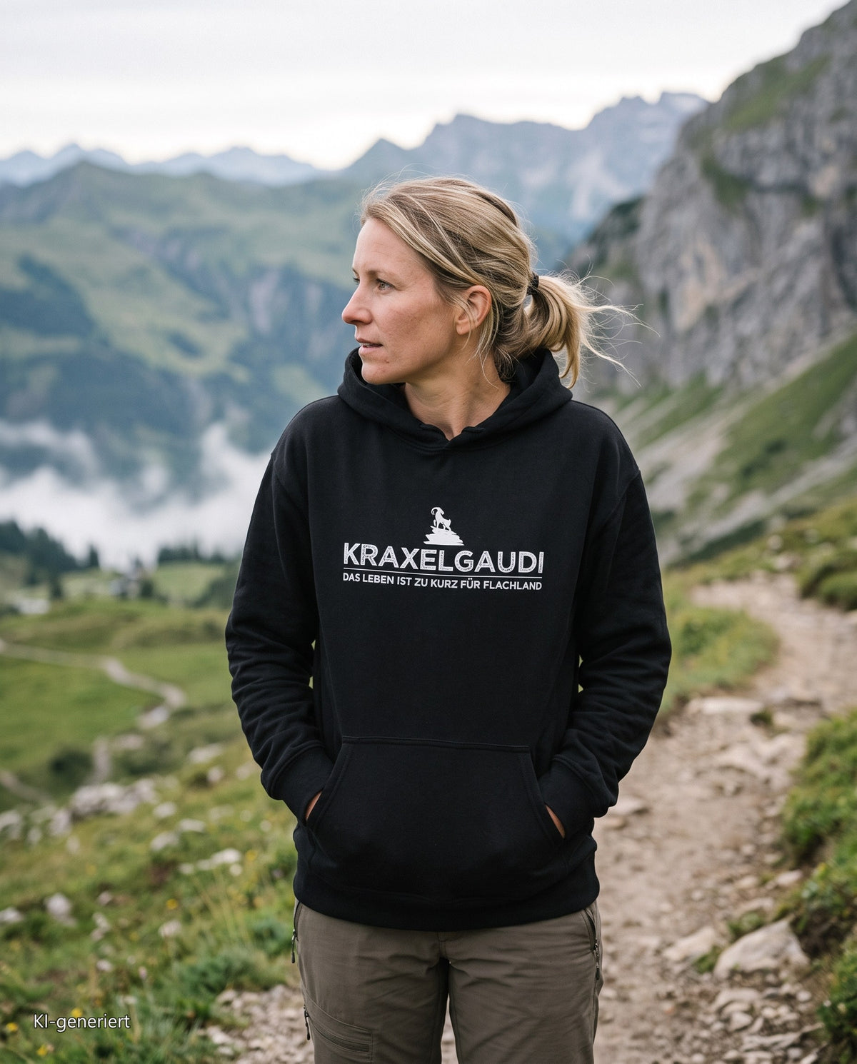 Kapuze gegen den Wind am Grat