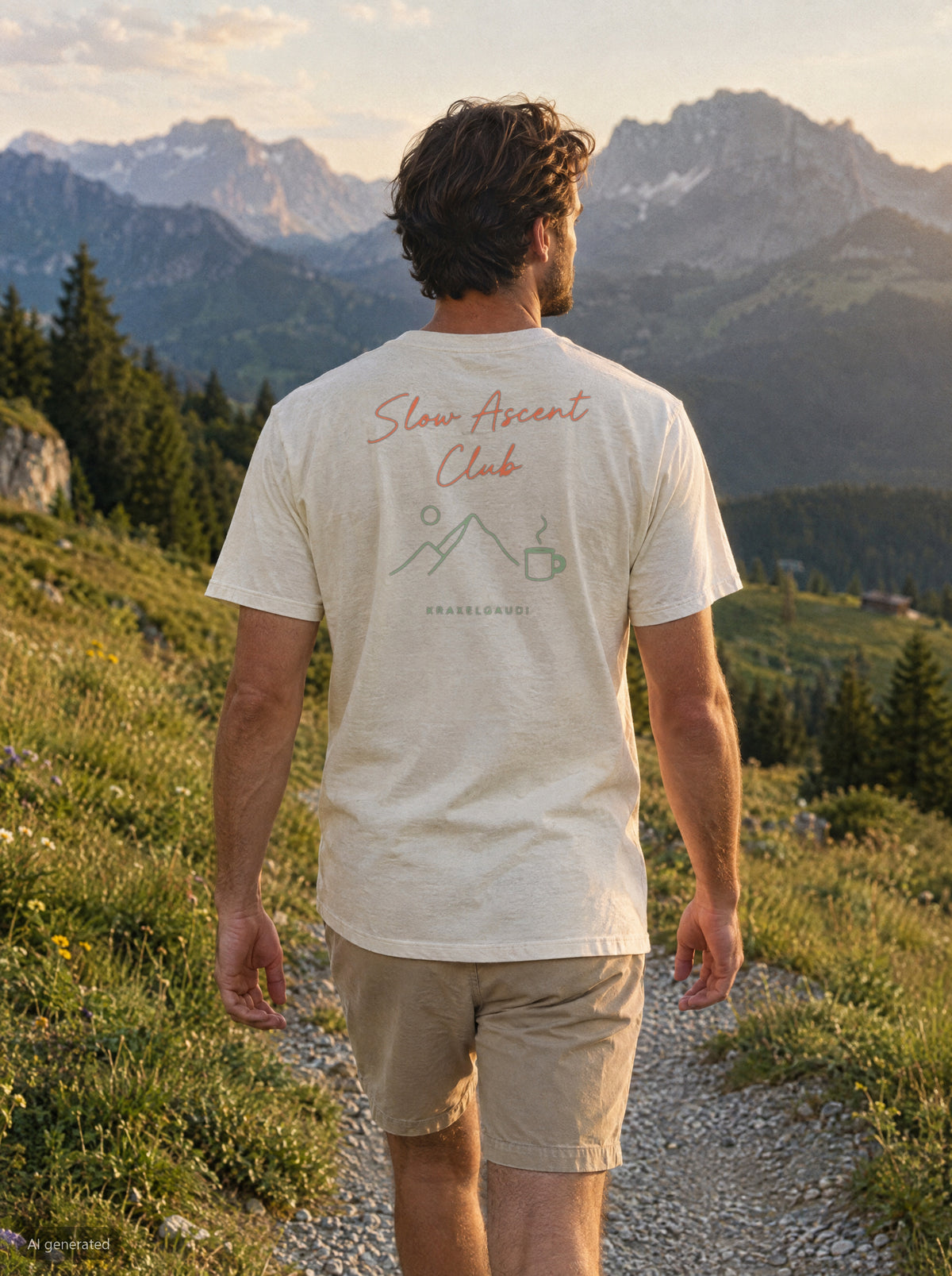 Slow Ascent Club T-Shirt mit Rückendruck, unterwegs in den Bergen