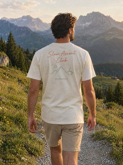 Slow Ascent Club T-Shirt mit Rückendruck, unterwegs in den Bergen