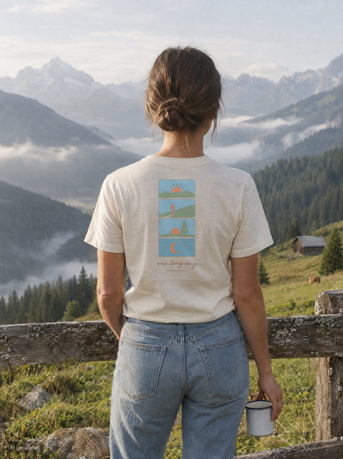 One Long Day T-Shirt mit Rückendruck, unterwegs in den Bergen