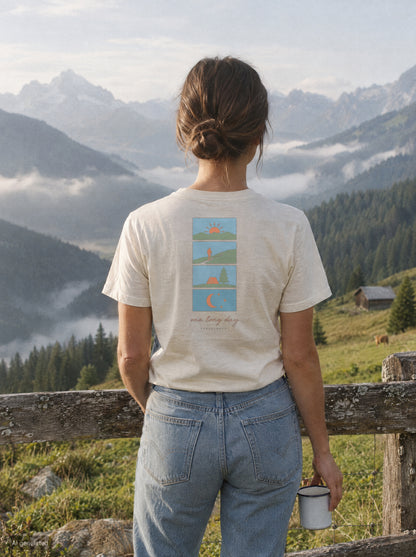 One Long Day T-Shirt mit Rückendruck, unterwegs in den Bergen