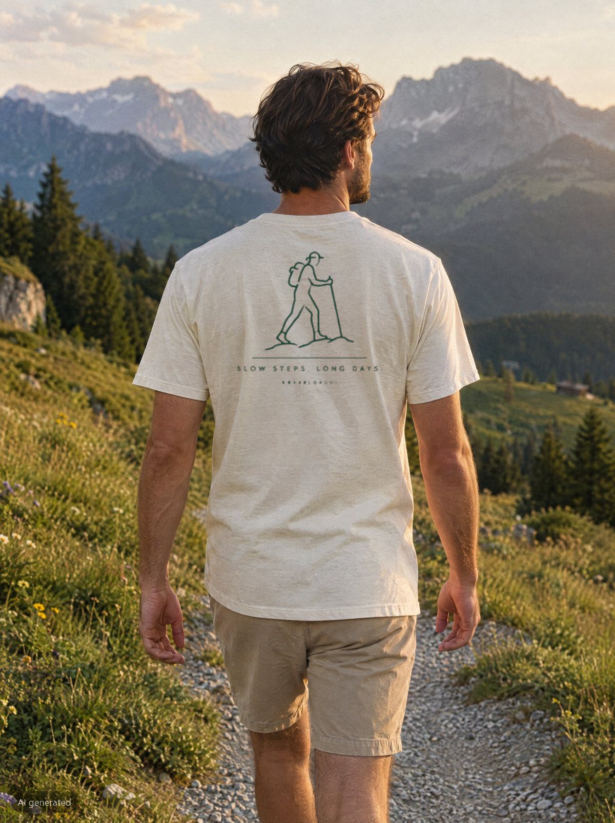 Slow Steps Long Days T-Shirt mit Rückendruck, unterwegs in den Bergen