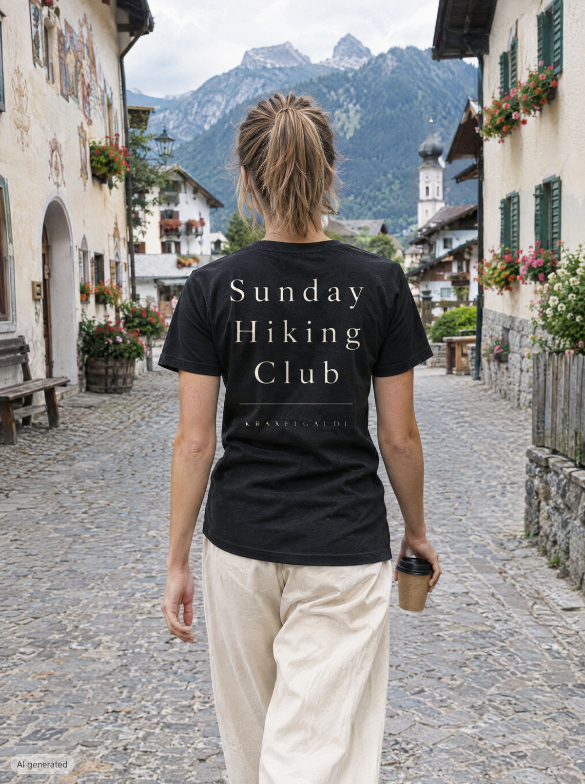 Sunday Hiking Club T-Shirt mit Rückendruck, unterwegs in den Bergen