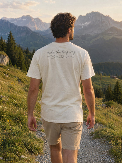 Take the Long Way T-Shirt mit Rückendruck, unterwegs in den Bergen