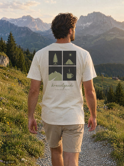 Slow Ascent Postcard T-Shirt mit Rückendruck, unterwegs in den Bergen