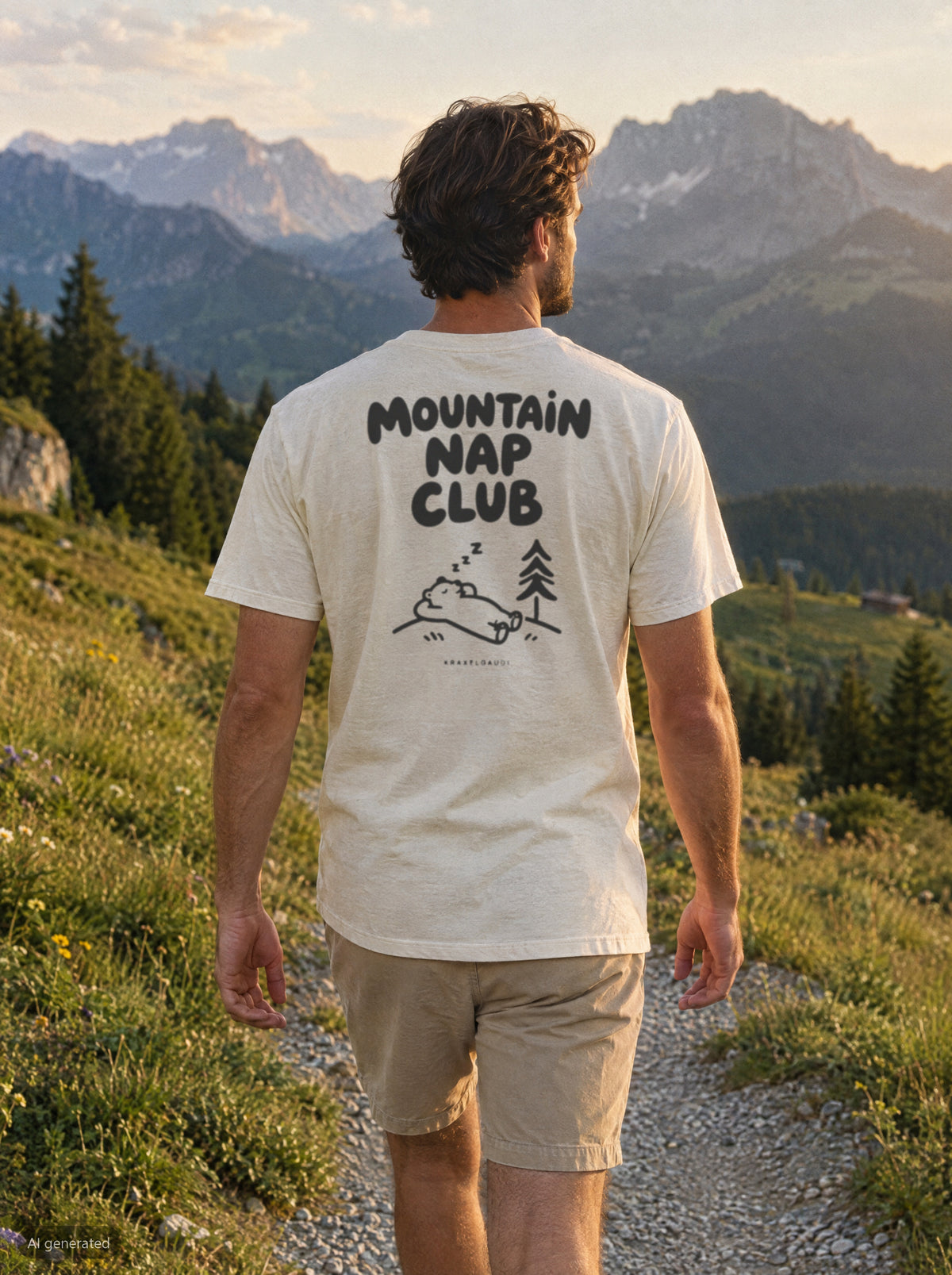 Mountain Nap Club T-Shirt mit Rückendruck, unterwegs in den Bergen