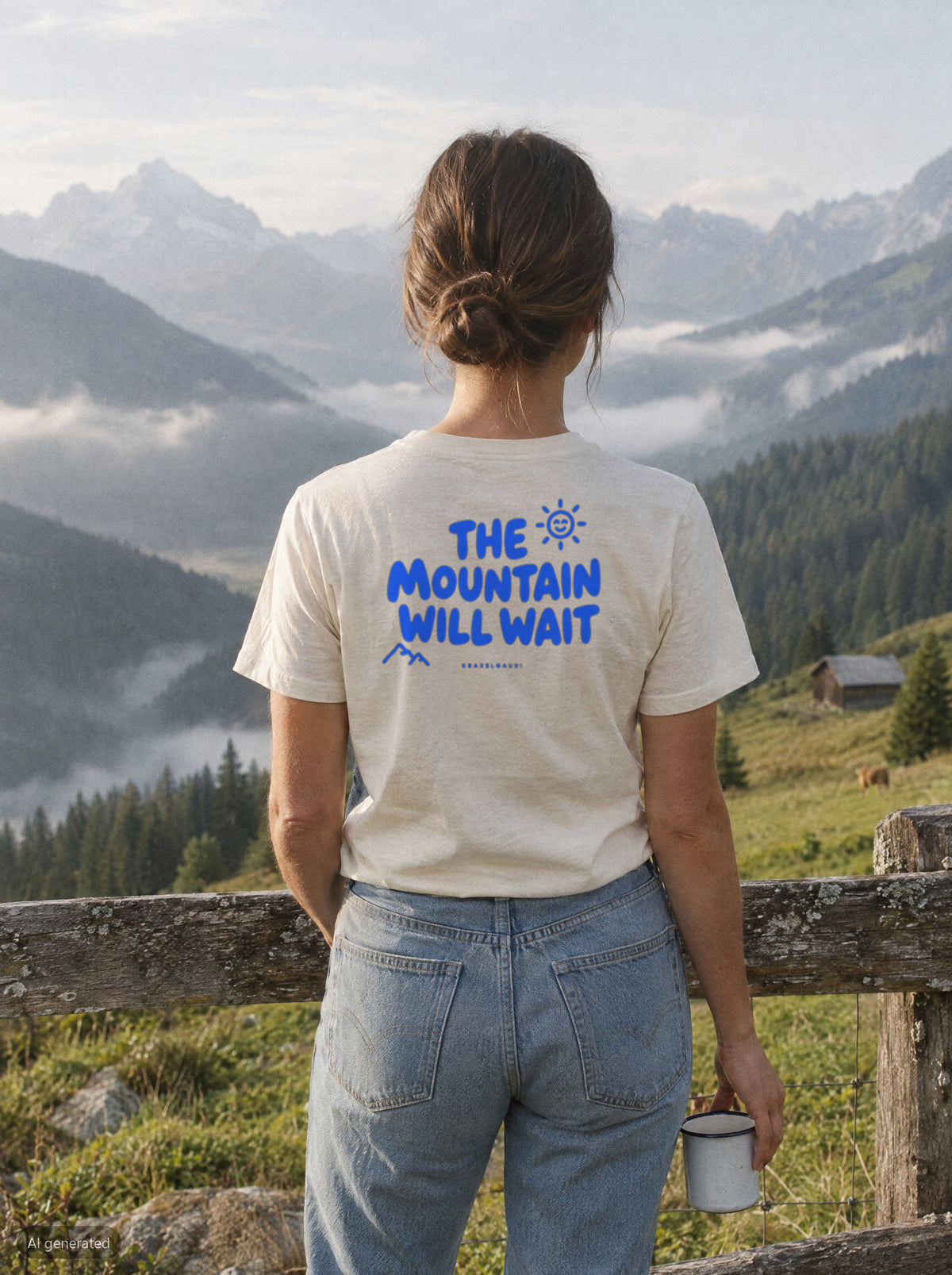 The Mountain Will Wait T-Shirt mit Rückendruck, unterwegs in den Bergen