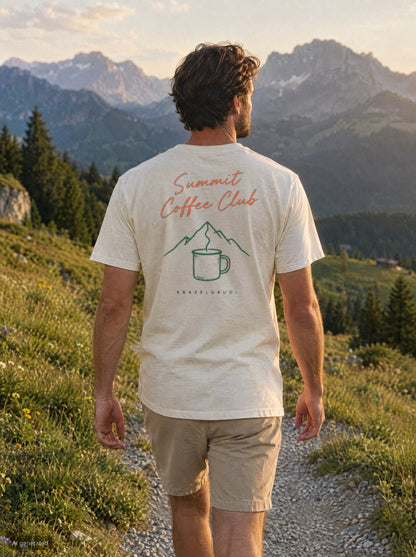 Summit Coffee Club T-Shirt mit Rückendruck, unterwegs in den Bergen