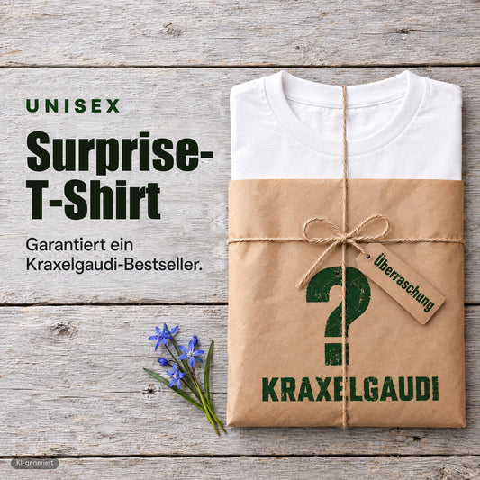 Überraschungs T-Shirt Unisex von Kraxelgaudi, weiß gefaltet und zu zwei Dritteln in Kraftpapier mit grünem Fragezeichen gehüllt, mit Kordel und Anhänger auf Holzbrettern