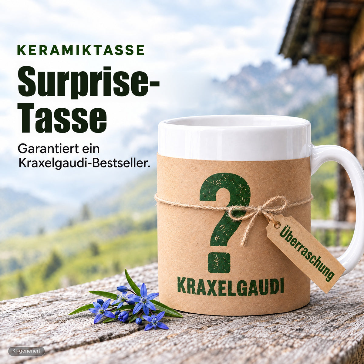 Überraschungs Tasse aus Keramik von Kraxelgaudi, zu zwei Dritteln in Kraftpapier mit grünem Fragezeichen und Kordel gehüllt, auf einem Hüttentisch vor Bergkulisse