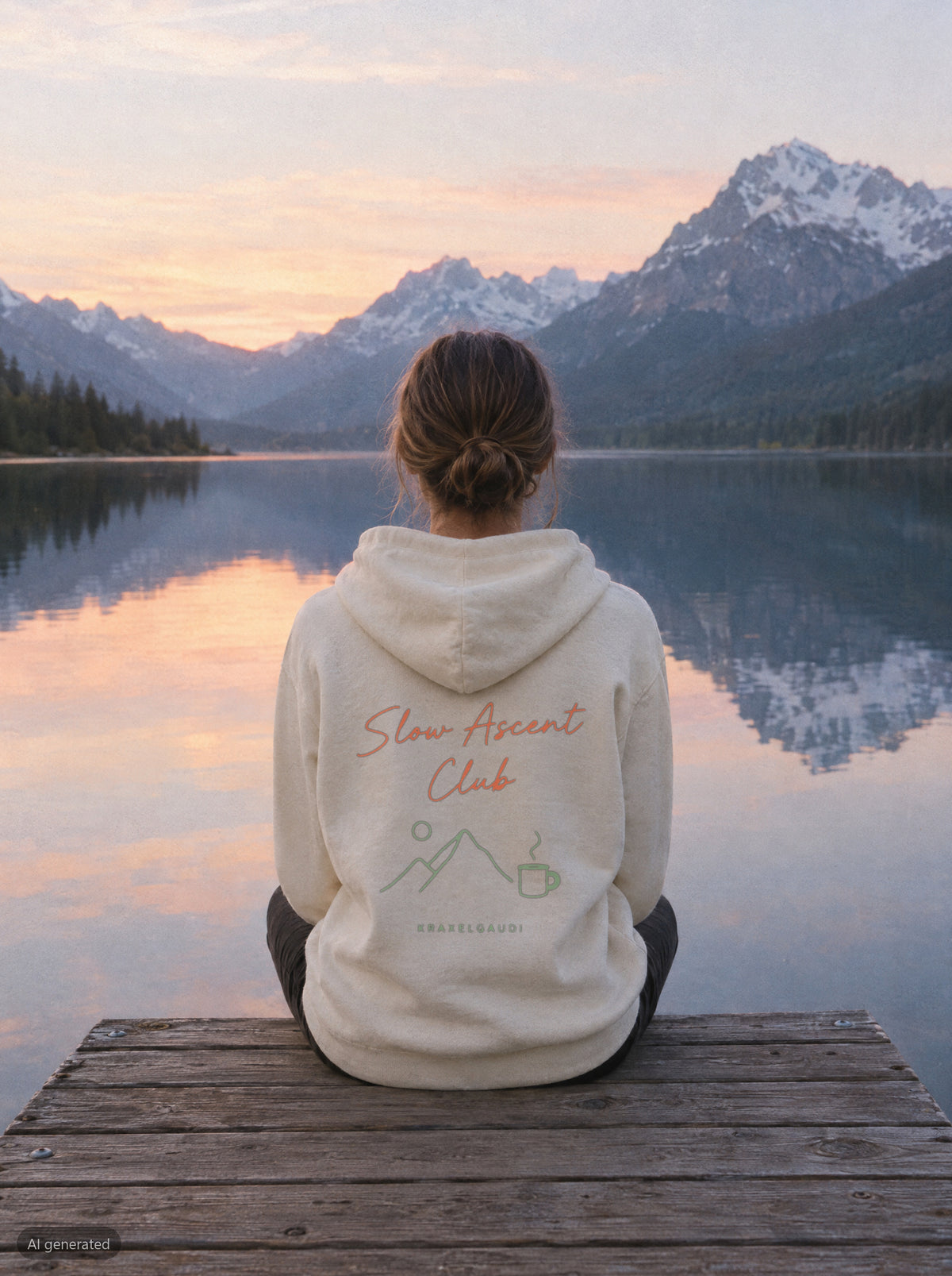 Slow Ascent Club Hoodie mit Rückendruck, unterwegs in den Bergen