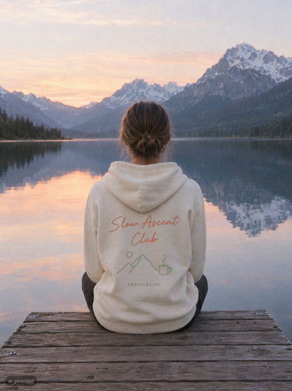 Slow Ascent Club Hoodie mit Rückendruck, unterwegs in den Bergen