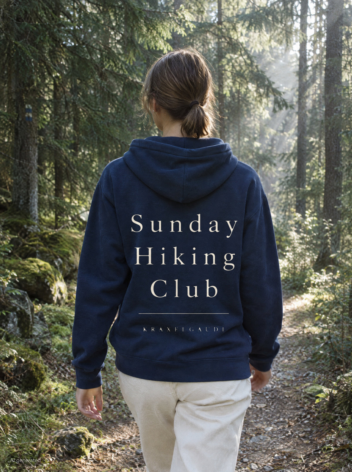 Sunday Hiking Club Hoodie mit Rückendruck, unterwegs in den Bergen