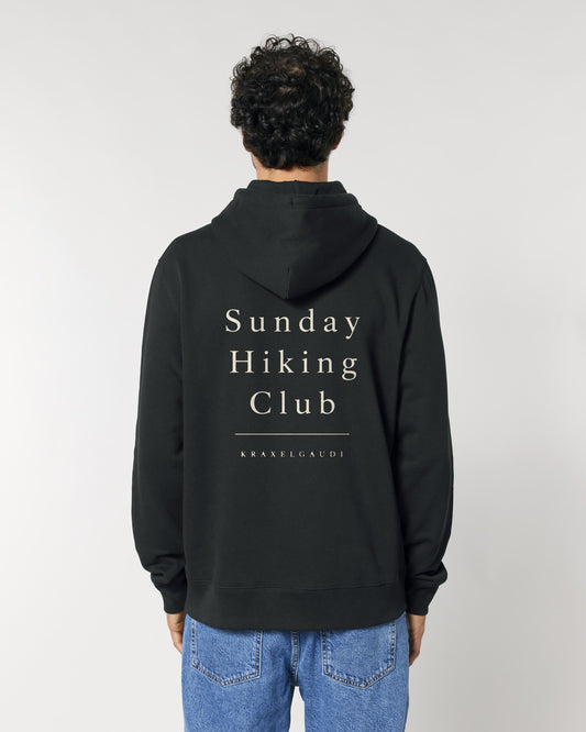 Sunday Hiking Club Hoodie mit Rückendruck, von hinten getragen