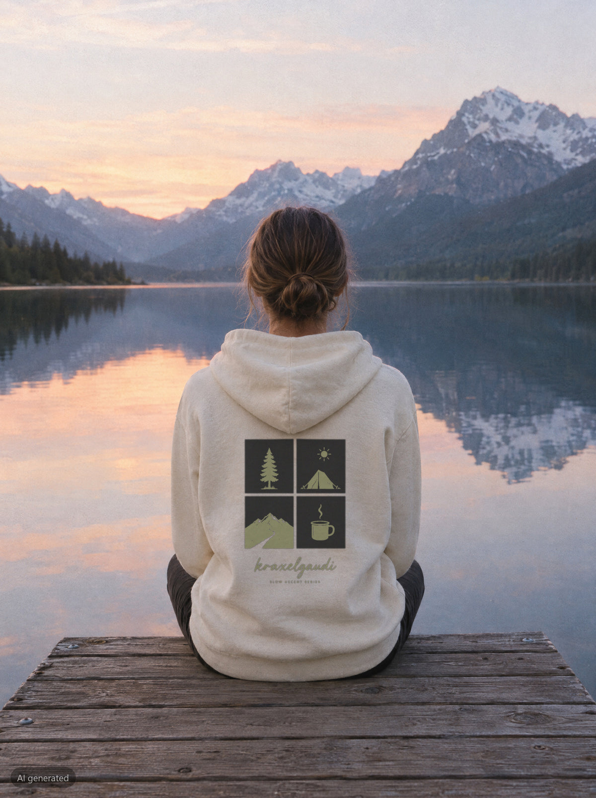 Slow Ascent Postcard Hoodie mit Rückendruck, unterwegs in den Bergen
