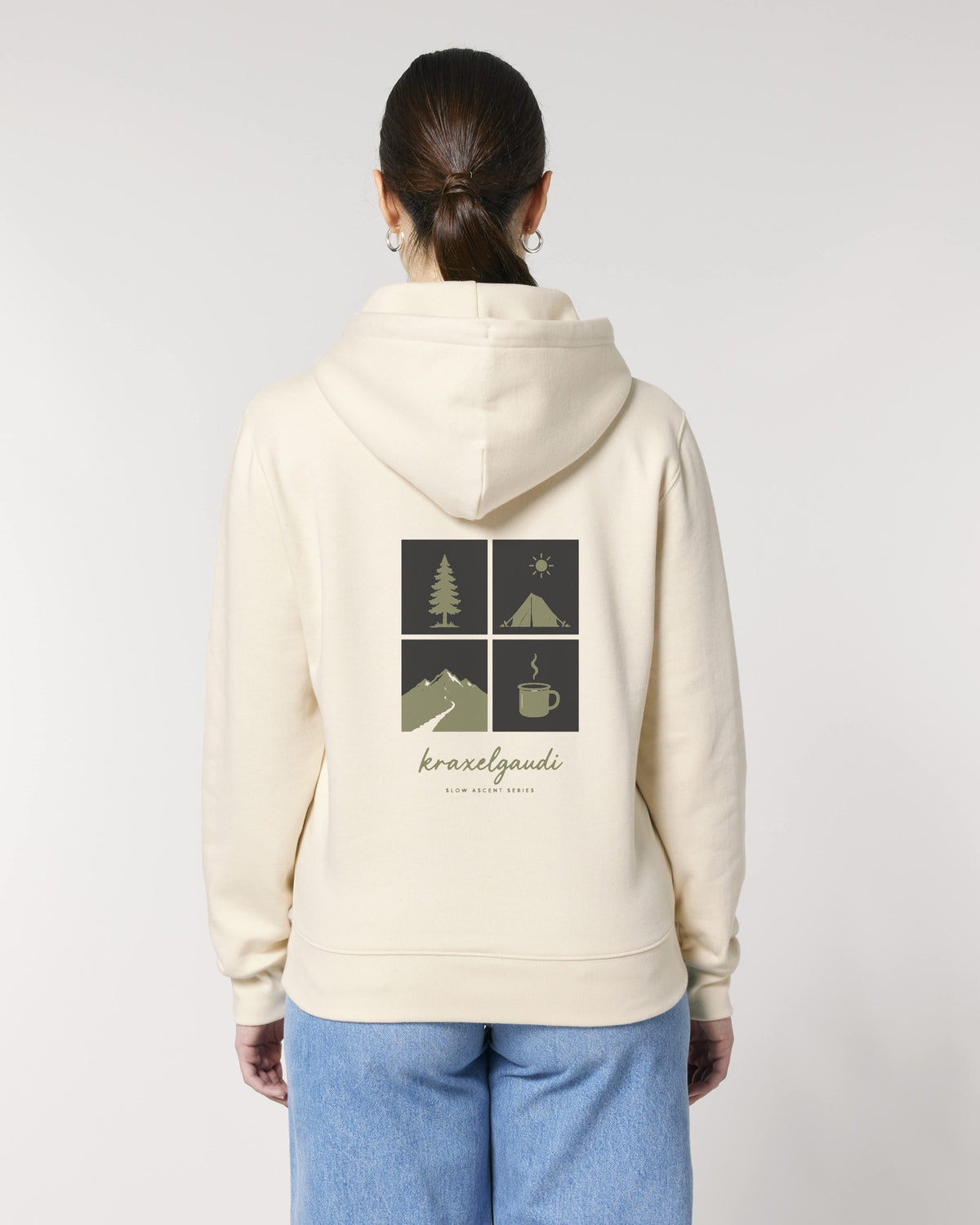 Slow Ascent Postcard Hoodie mit Rückendruck, von hinten getragen