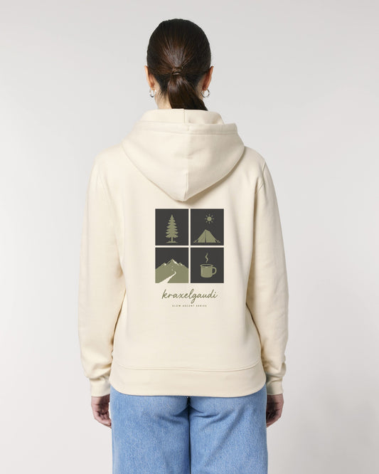 Slow Ascent Postcard Hoodie mit Rückendruck, von hinten getragen