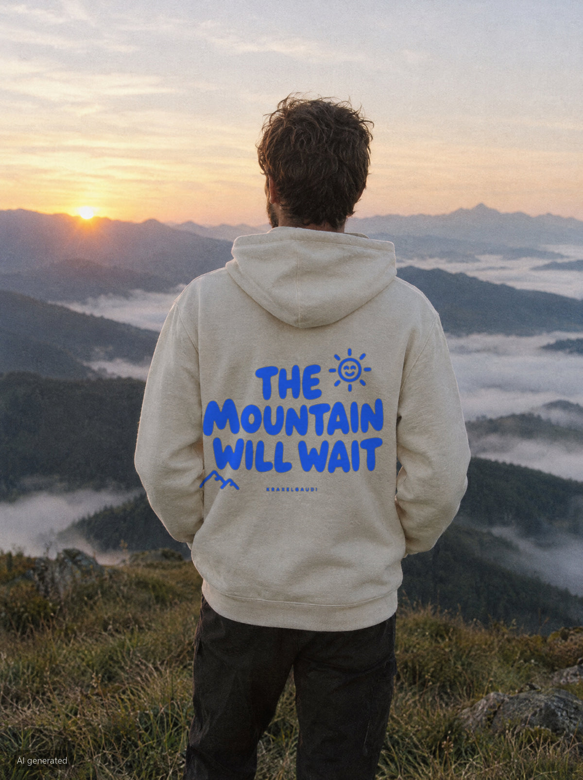 The Mountain Will Wait Hoodie mit Rückendruck, unterwegs in den Bergen