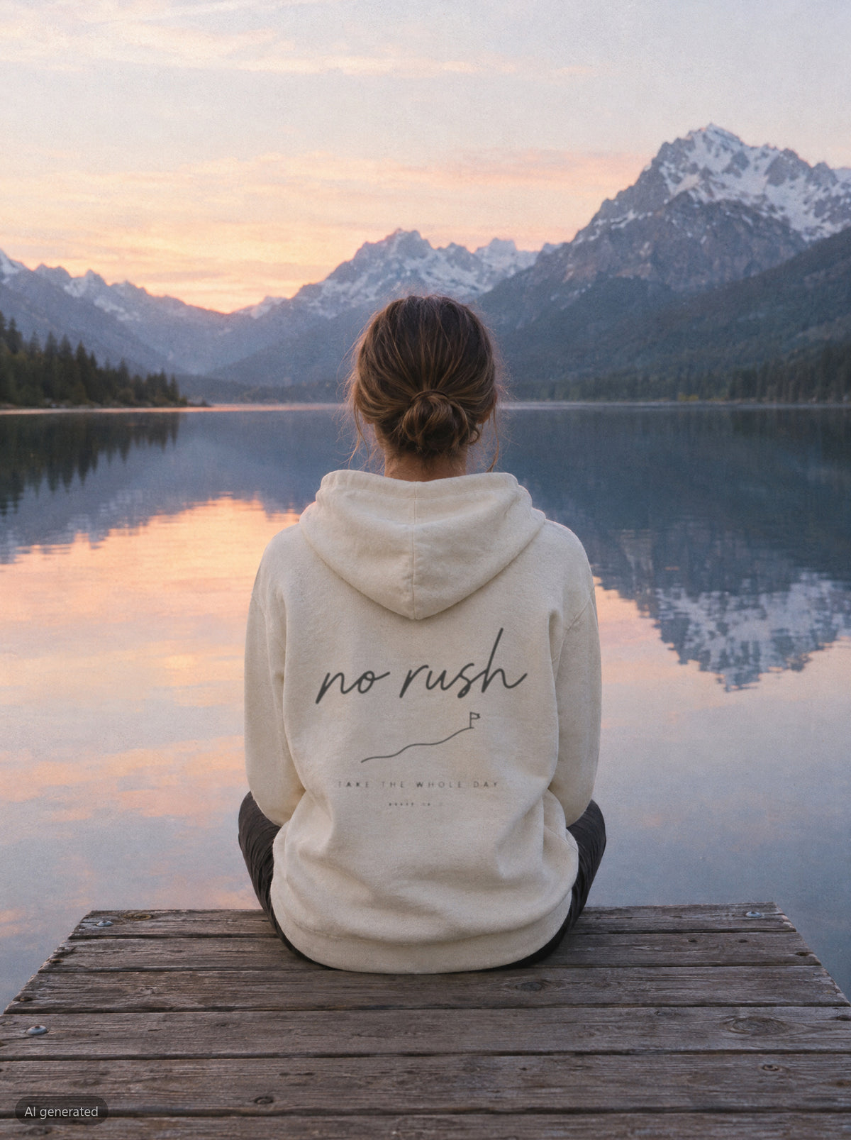 No Rush Hoodie mit Rückendruck, unterwegs in den Bergen