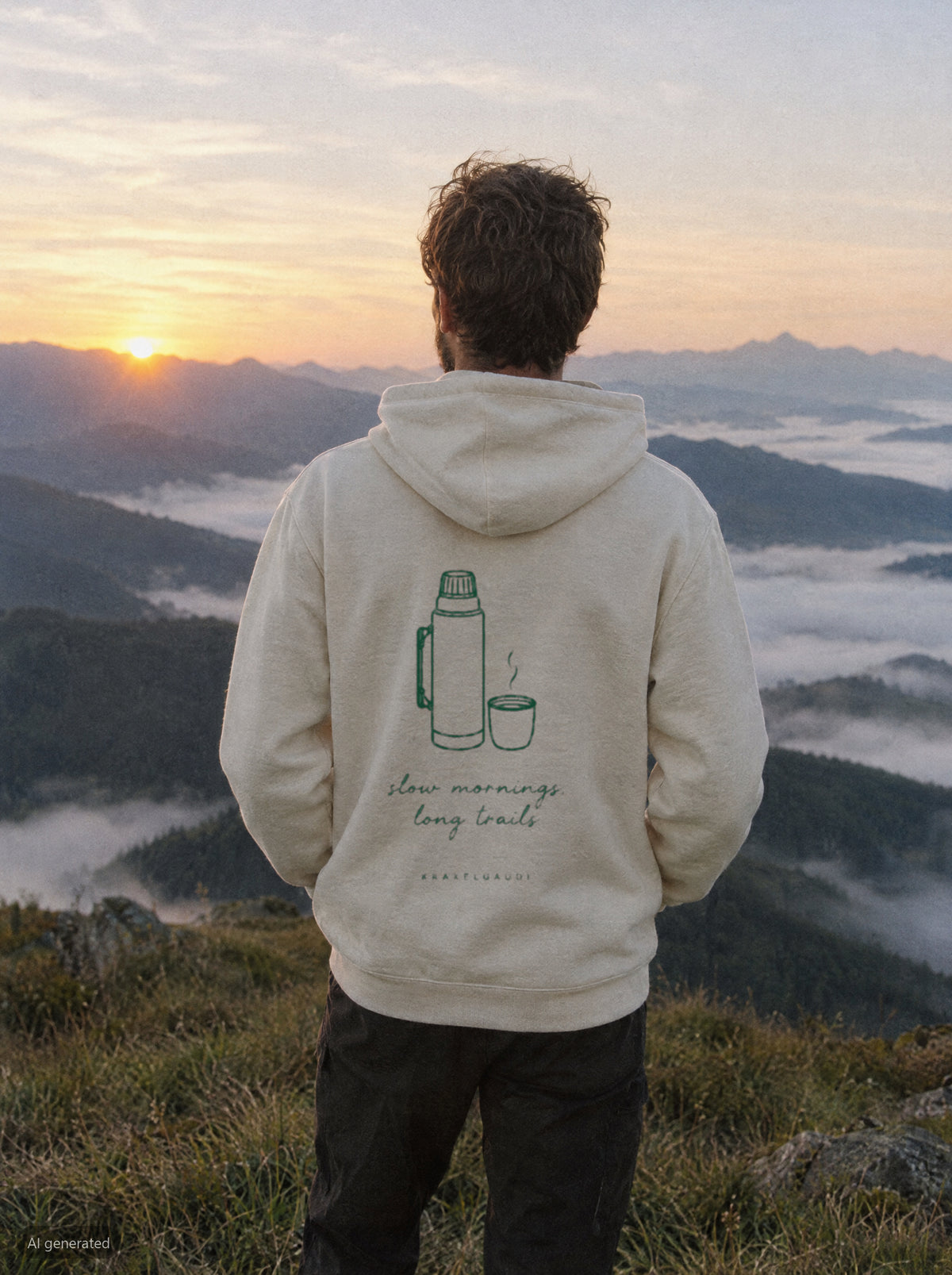 Slow Mornings Long Trails Hoodie mit Rückendruck, unterwegs in den Bergen