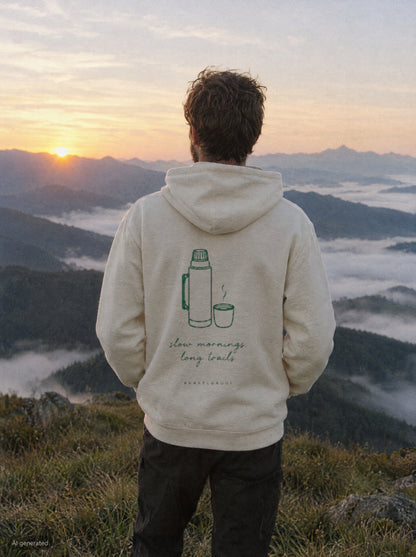 Slow Mornings Long Trails Hoodie mit Rückendruck, unterwegs in den Bergen