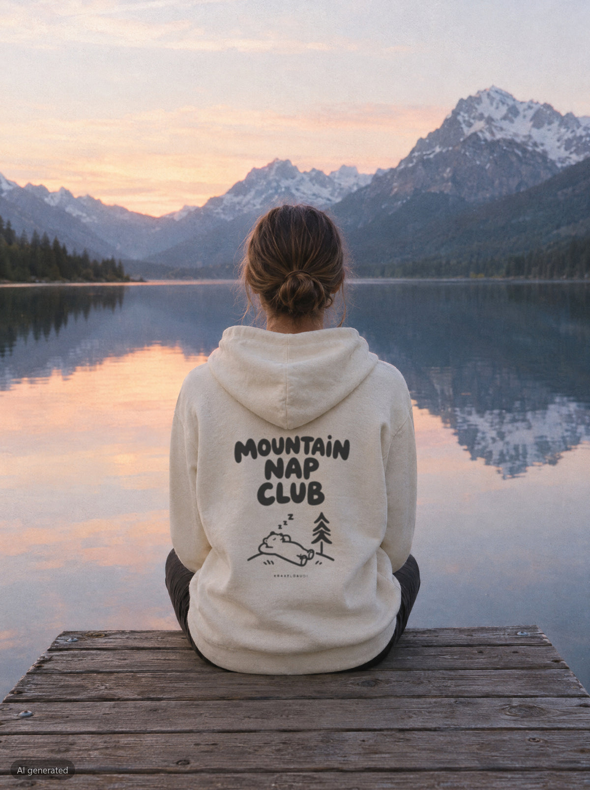 Mountain Nap Club Hoodie mit Rückendruck, unterwegs in den Bergen