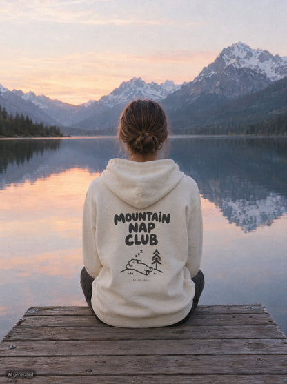 Mountain Nap Club Hoodie mit Rückendruck, unterwegs in den Bergen