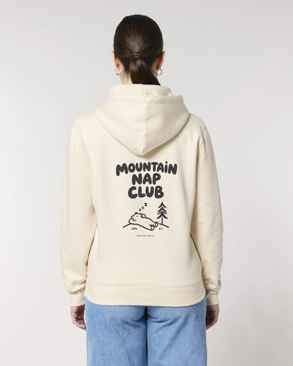 Mountain Nap Club Hoodie mit Rückendruck, von hinten getragen