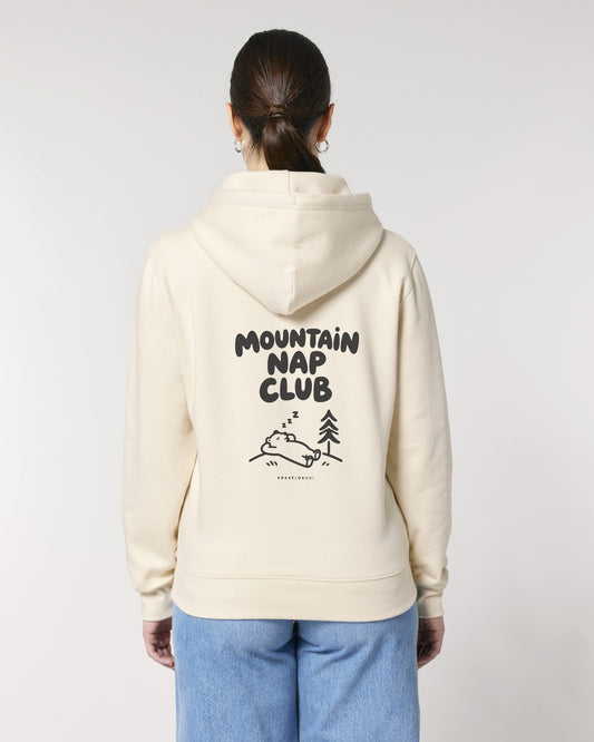 Mountain Nap Club Hoodie mit Rückendruck, von hinten getragen