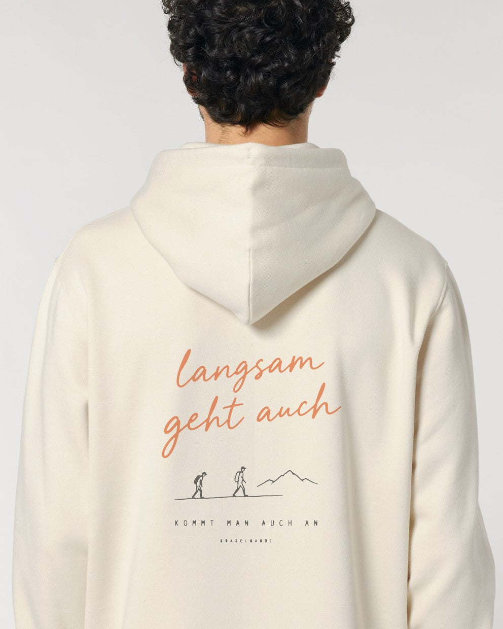 Langsam geht auch Hoodie mit Rückendruck, Nahaufnahme von hinten