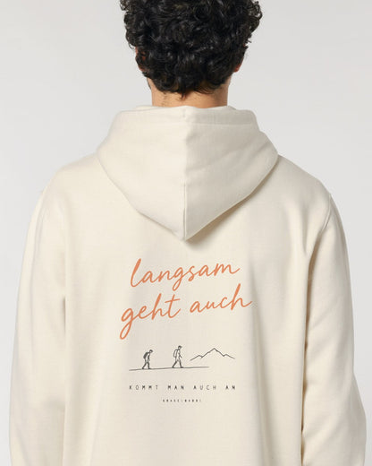 Langsam geht auch Hoodie mit Rückendruck, Nahaufnahme von hinten