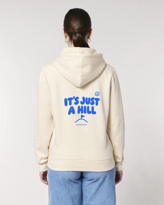 It's Just a Hill Hoodie mit Rückendruck, von hinten getragen