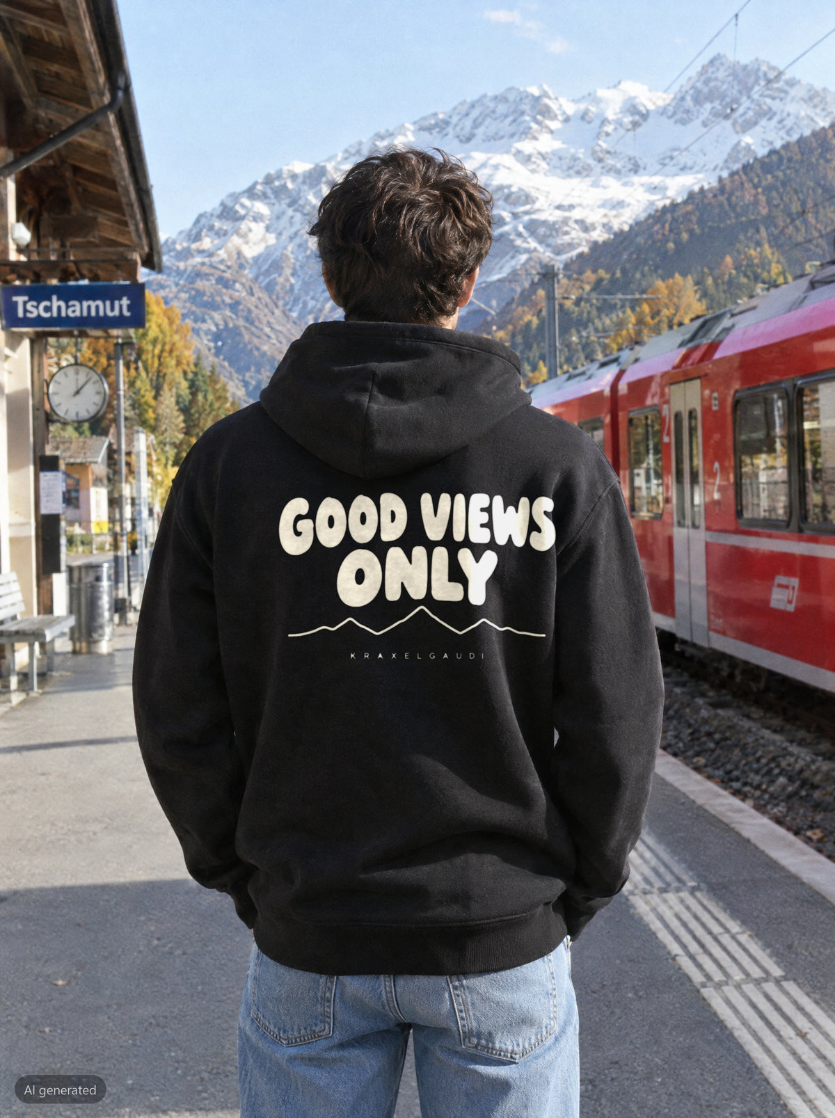 Good Views Only Hoodie mit Rückendruck, unterwegs in den Bergen