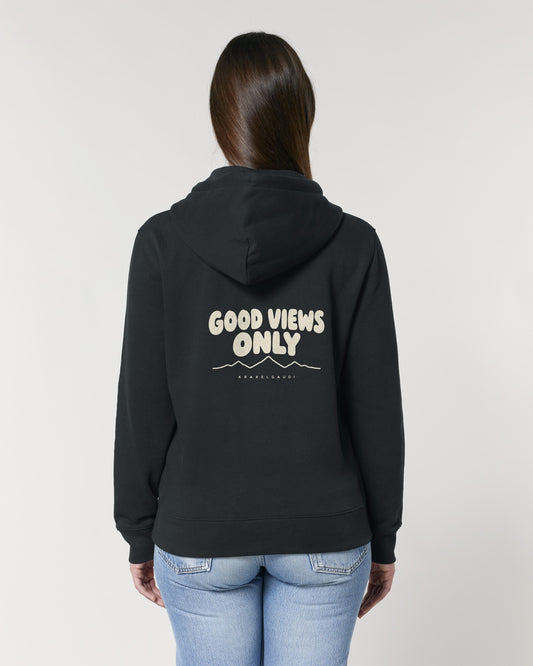 Good Views Only Hoodie mit Rückendruck, von hinten getragen