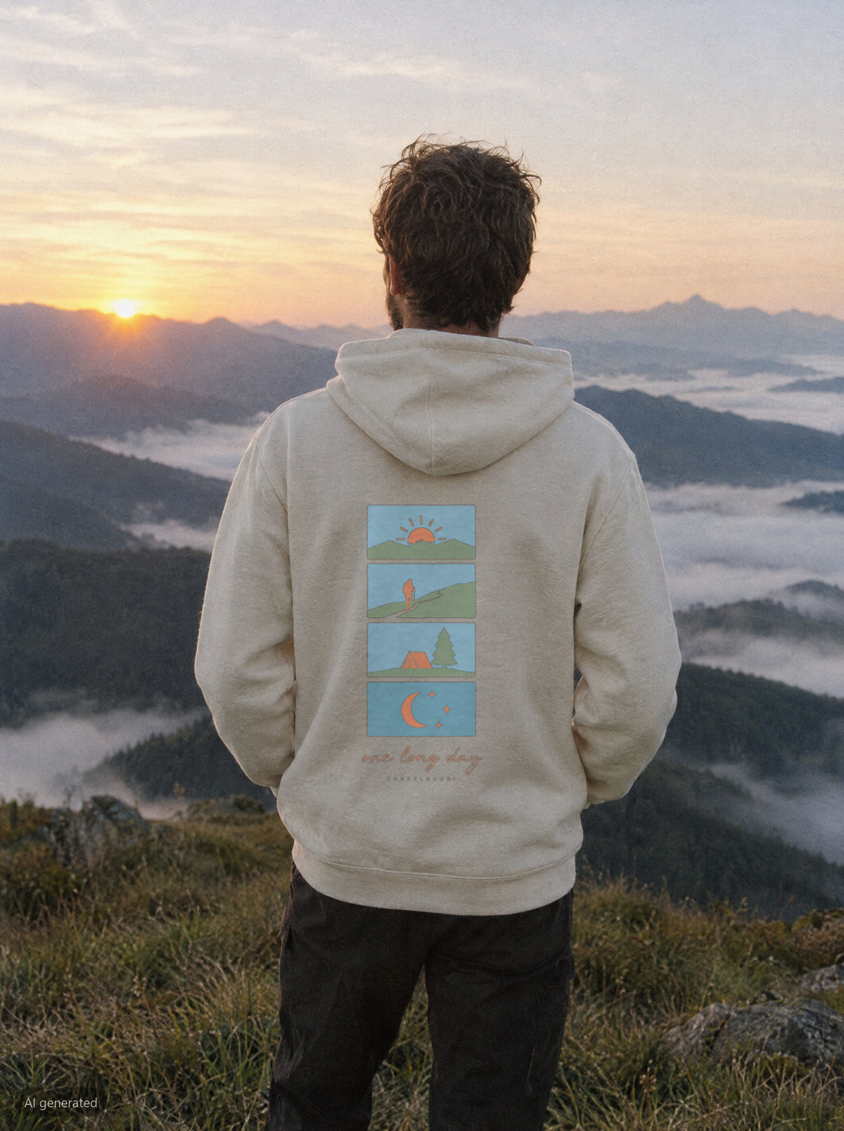 One Long Day Hoodie mit Rückendruck, unterwegs in den Bergen