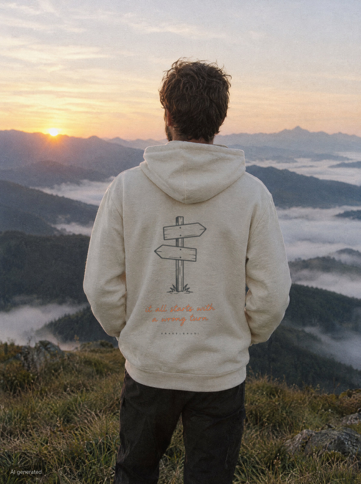 It All Starts With a Wrong Turn Hoodie mit Rückendruck, unterwegs in den Bergen
