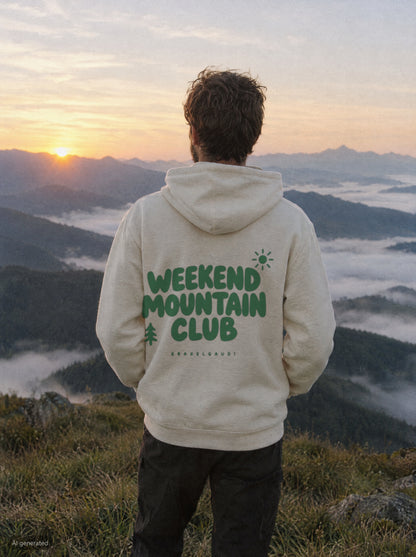 Weekend Mountain Club Hoodie mit Rückendruck, unterwegs in den Bergen