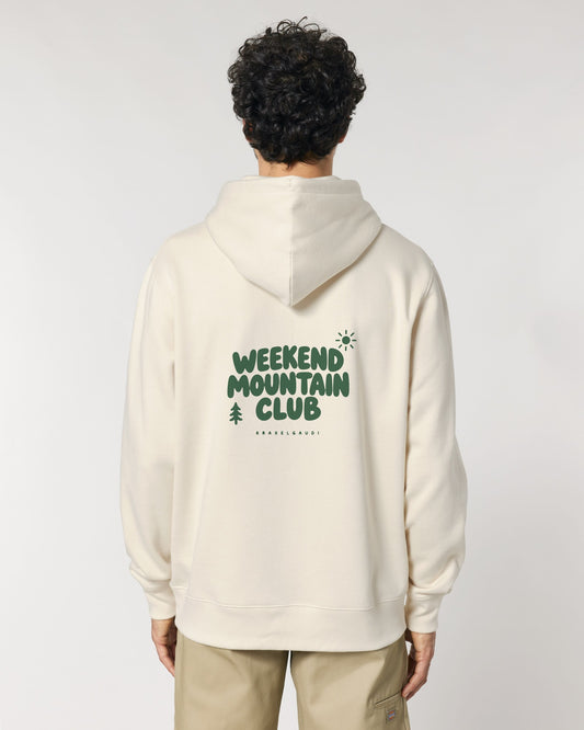 Weekend Mountain Club Hoodie mit Rückendruck, von hinten getragen