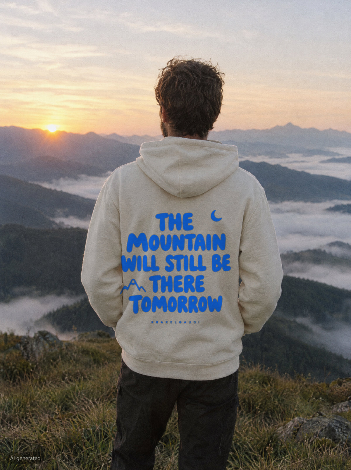 The Mountain Will Still Be There Hoodie mit Rückendruck, unterwegs in den Bergen