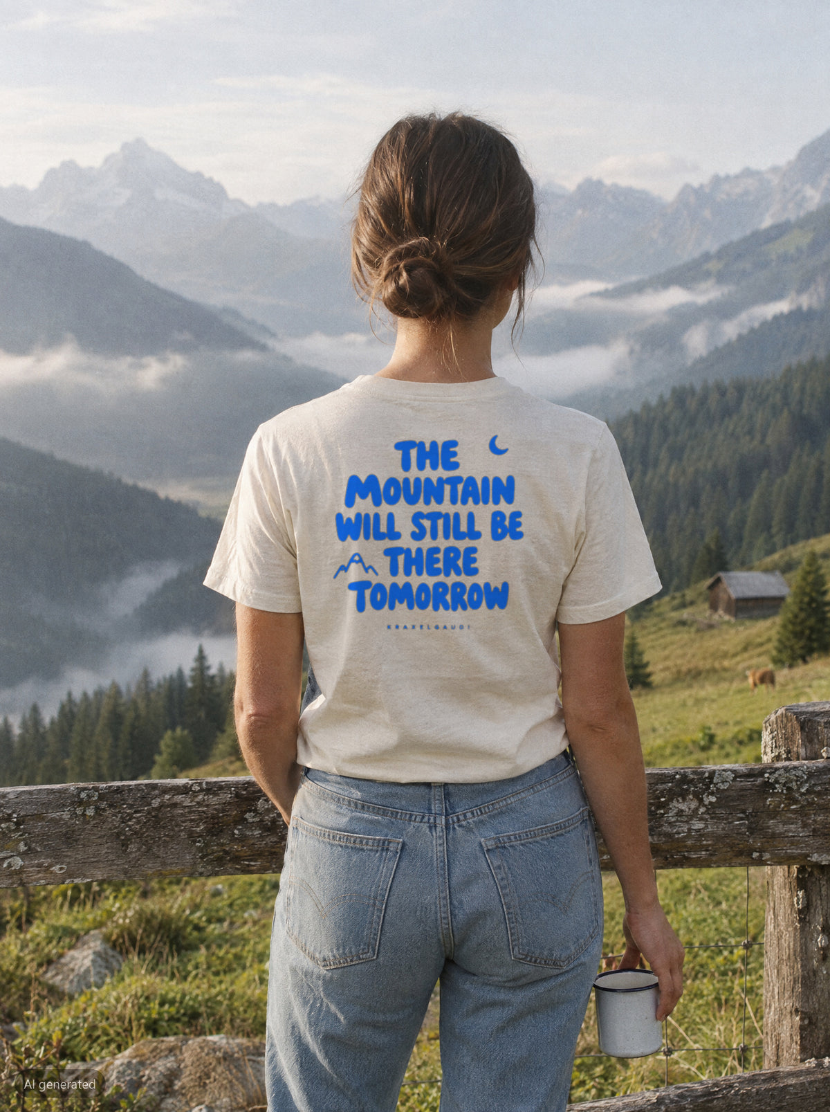 The Mountain Will Still Be There T-Shirt mit Rückendruck, unterwegs in den Bergen