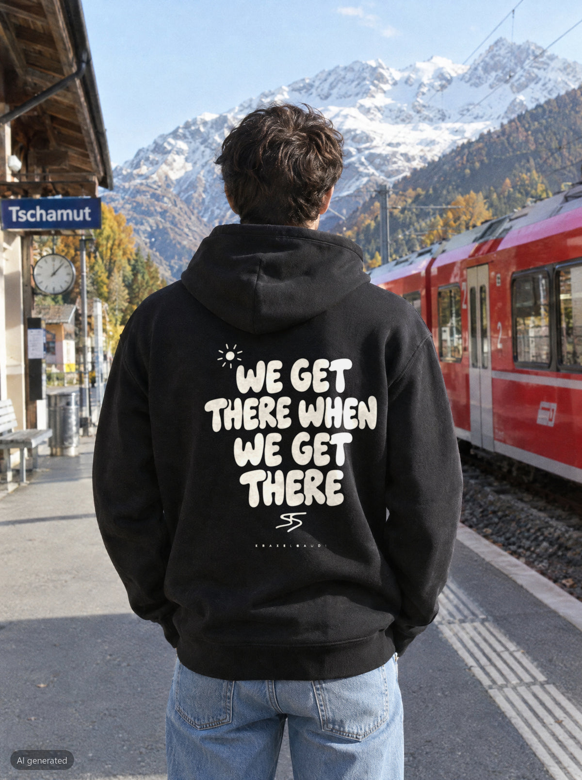 We Get There When We Get There Hoodie mit Rückendruck, unterwegs in den Bergen