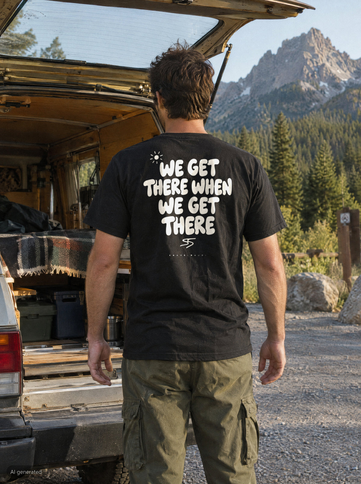 We Get There When We Get There T-Shirt mit Rückendruck, unterwegs in den Bergen