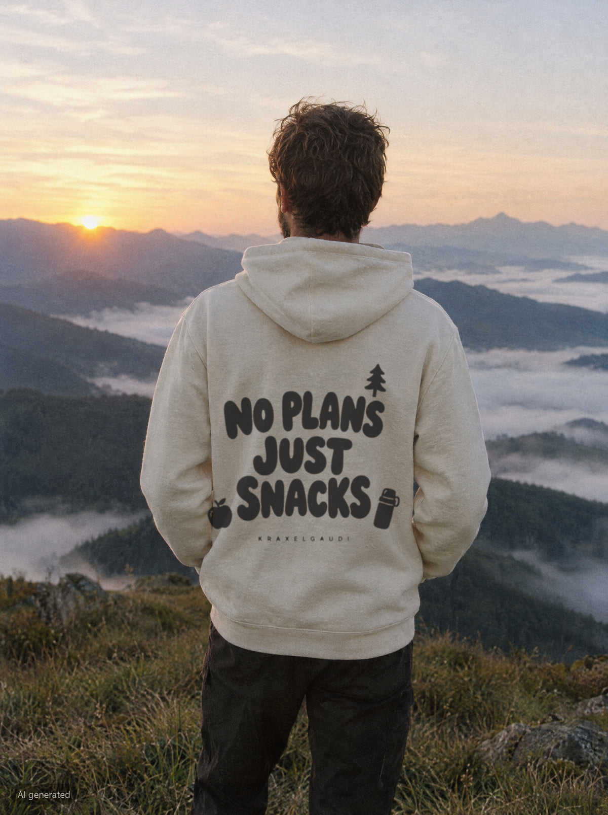 No Plans Just Snacks Hoodie mit Rückendruck, unterwegs in den Bergen