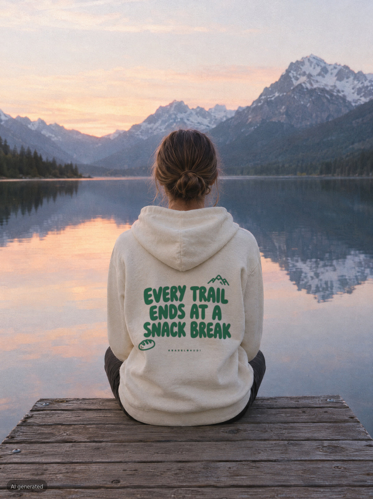Every Trail Ends at a Snack Break Hoodie mit Rückendruck, unterwegs in den Bergen